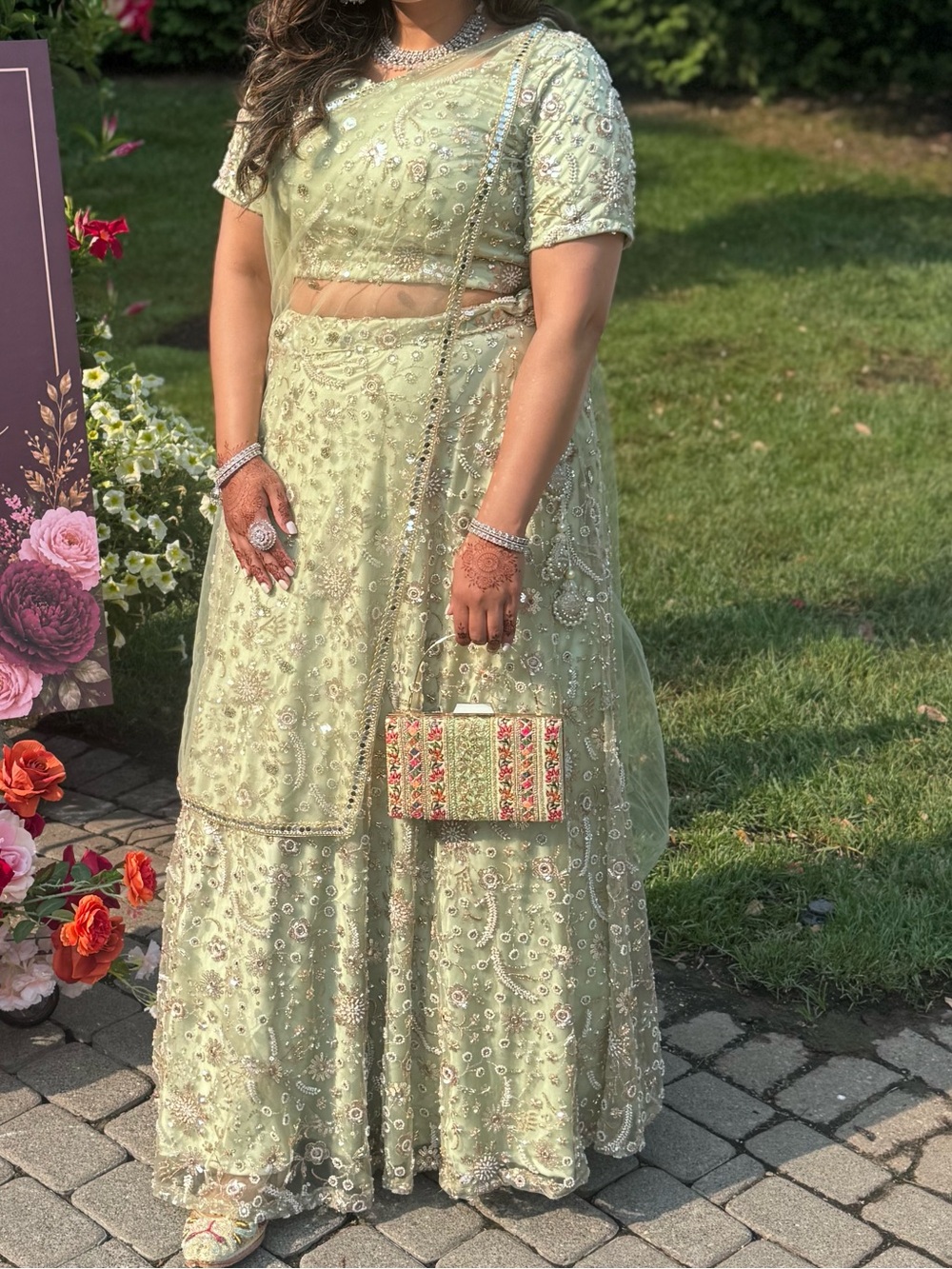 Embroidered Sage Green 3 piece lehnga Dress
